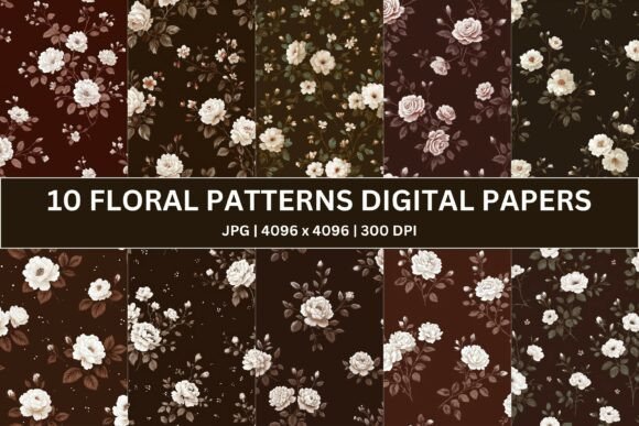10 White Rose Floral Digital Paper