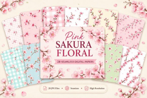 Pink Sakura Floral Seamless Bundle